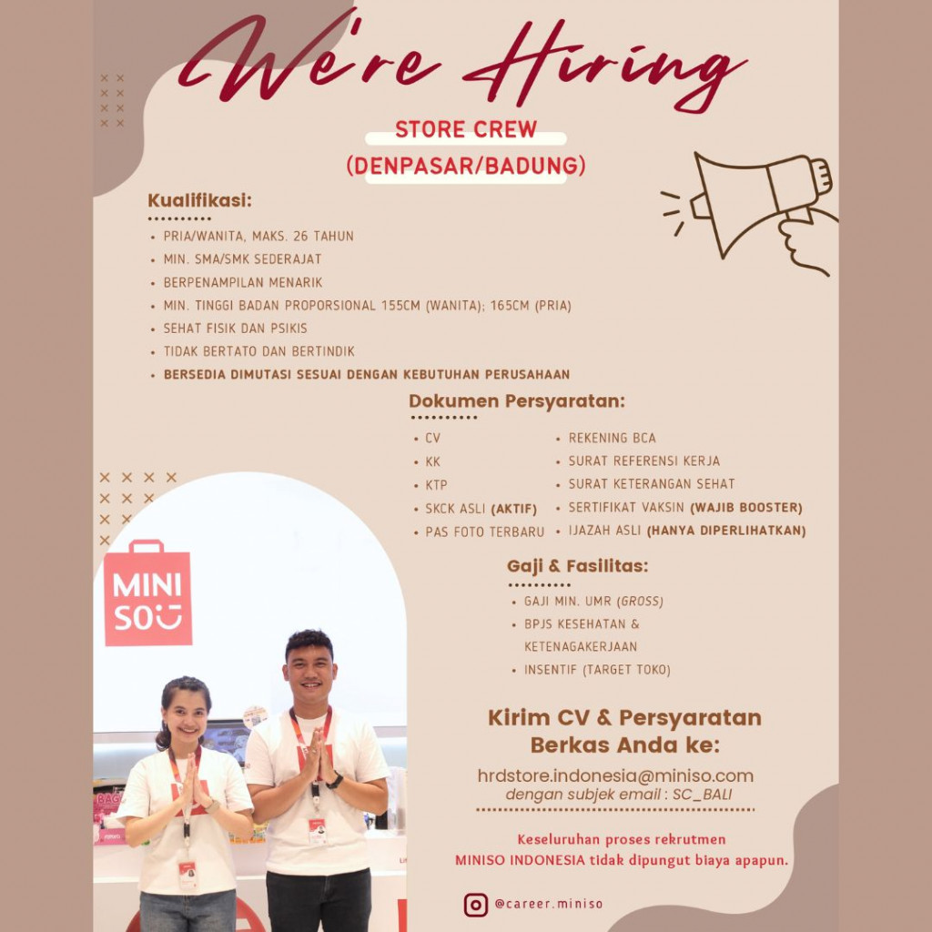 info loker dari MINISO Kualifikasi dan persyaratan yuk cek postingan diatas Sobat Perinaker.